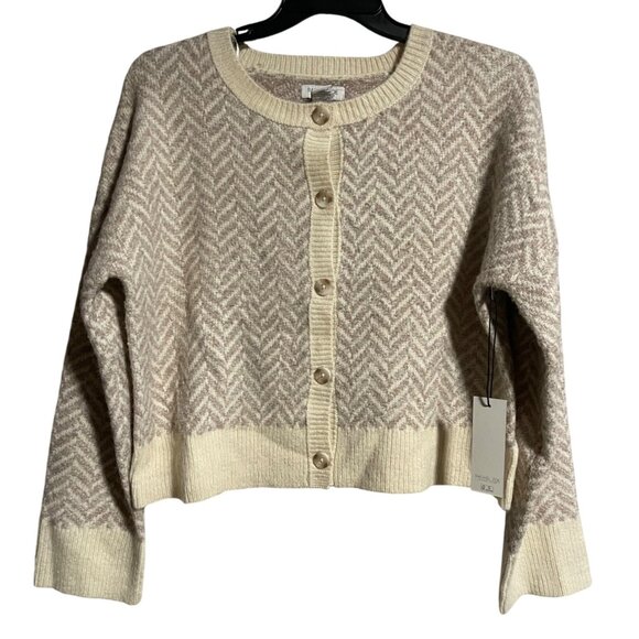 Rachel Zoe Cardigan Sweater Womens XL Chevron Knit Waist Length Cream Beige - Picture 1 of 6